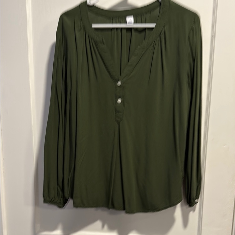 Old Navy Green Pleated Blouse with Mandarin Collar